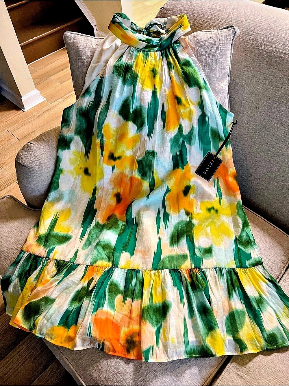 1. STATE Abstract Halter Midi Dress in Green & Yellow Size XL NWT